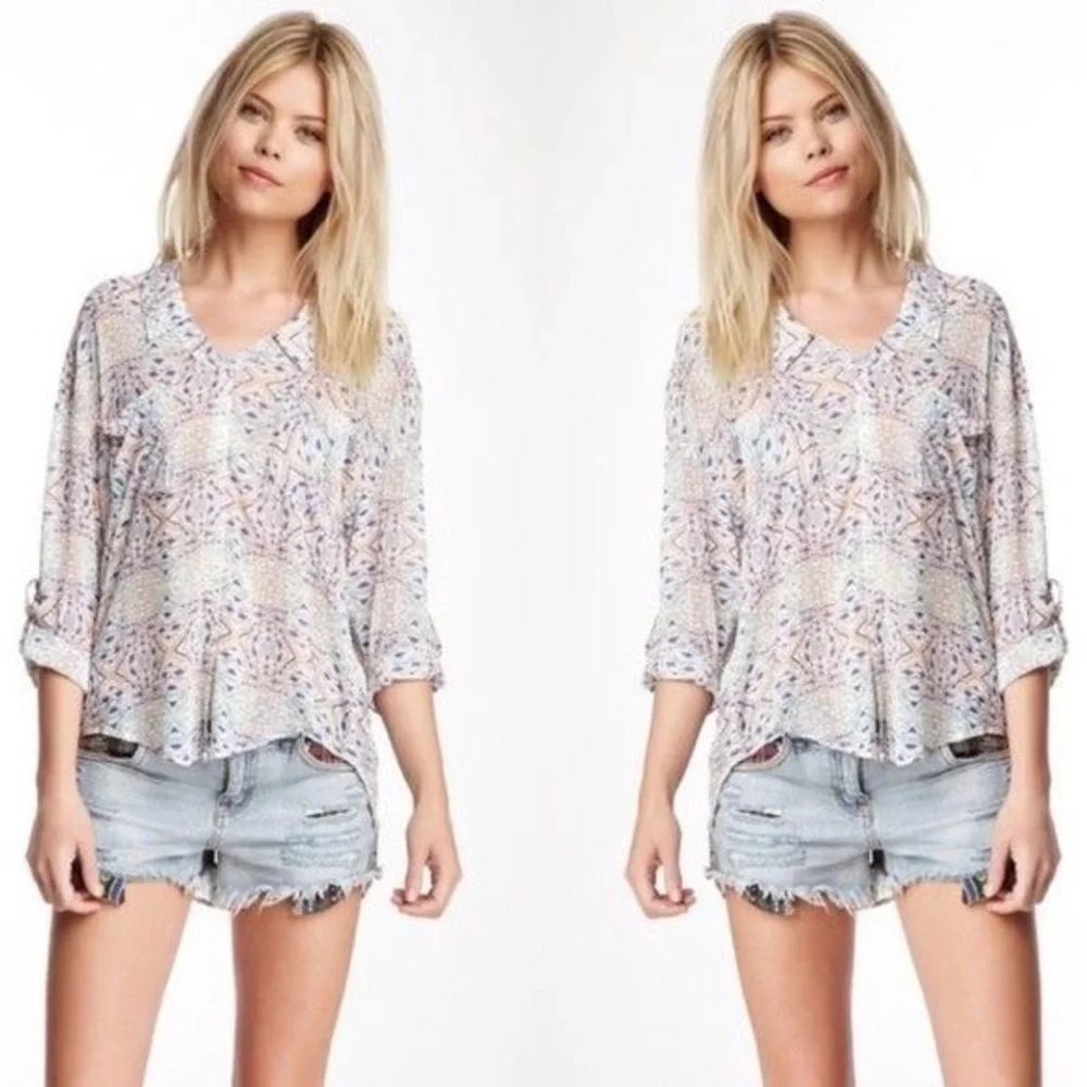 Free People easy Rider Geo Semi sheer Printed button Up Top